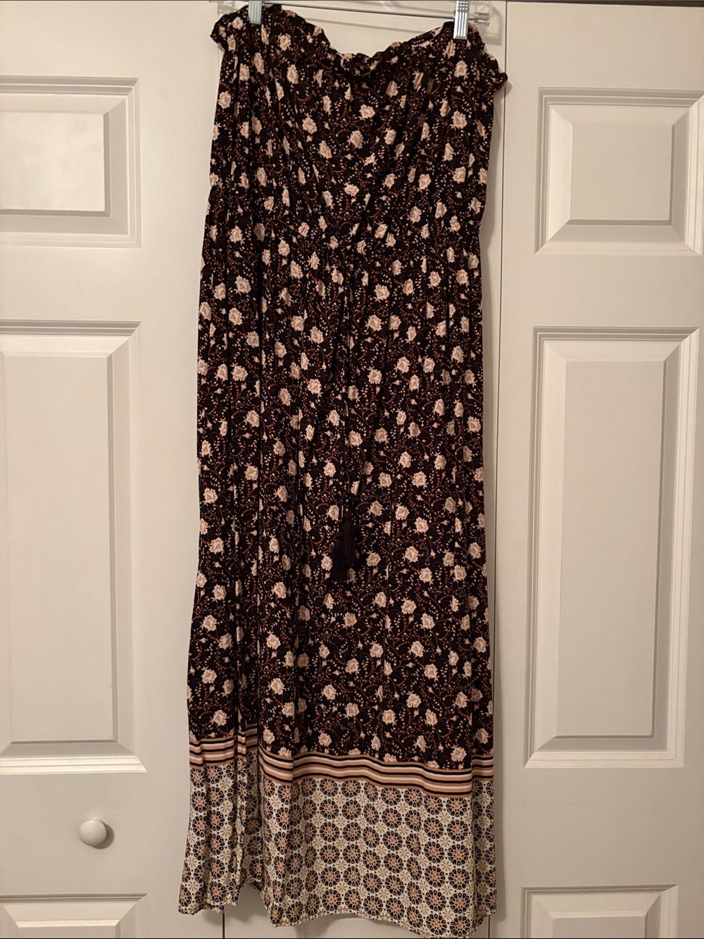 Black Floral Maxi Skirt with Beige Accents
